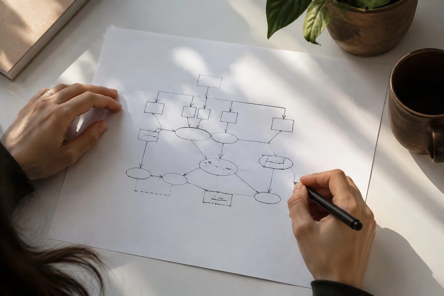 Vista de cima de uma mesa com um diagrama de lógica desenhado à mão