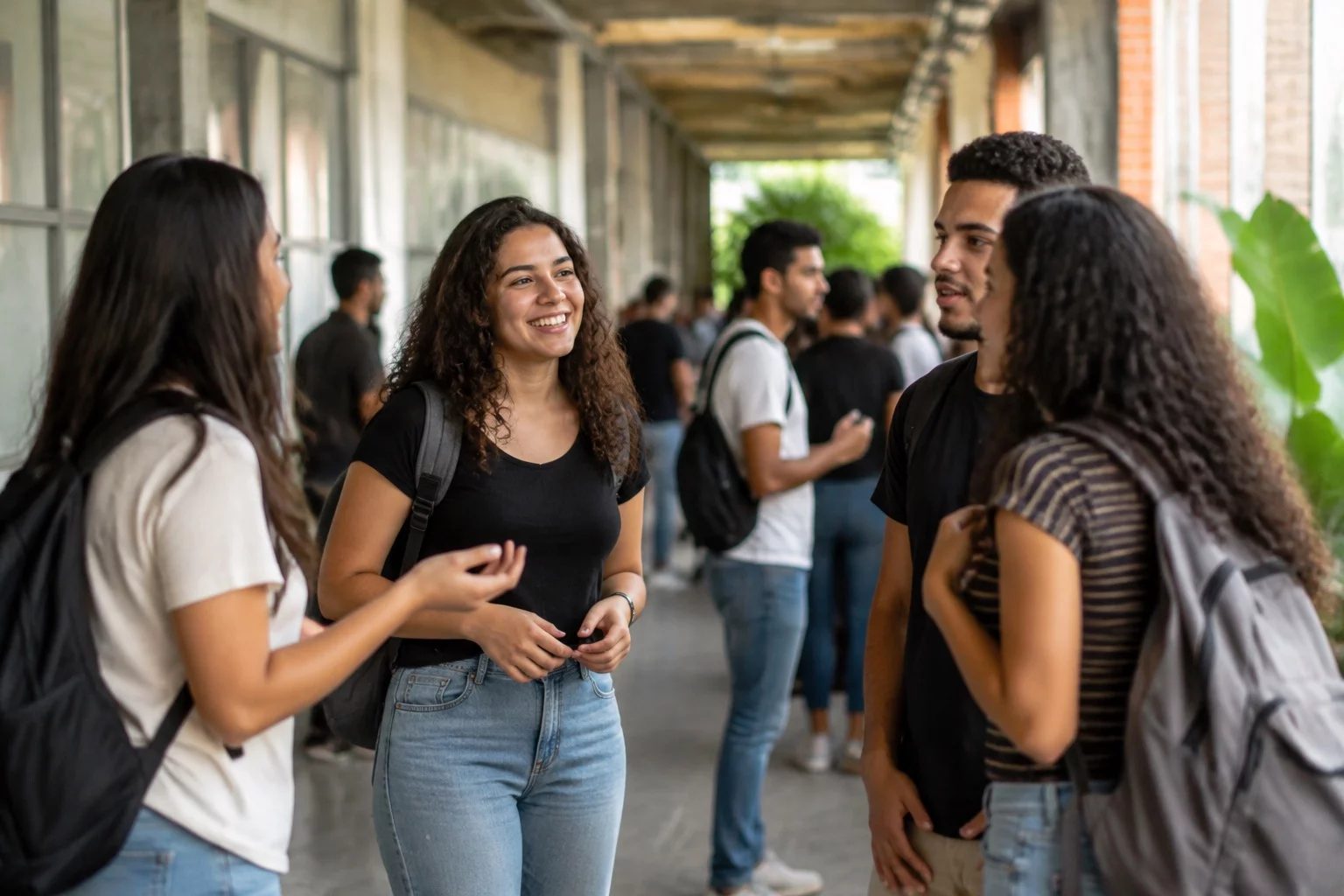 Estudantes com mochilas conversando no corredor de uma universidade