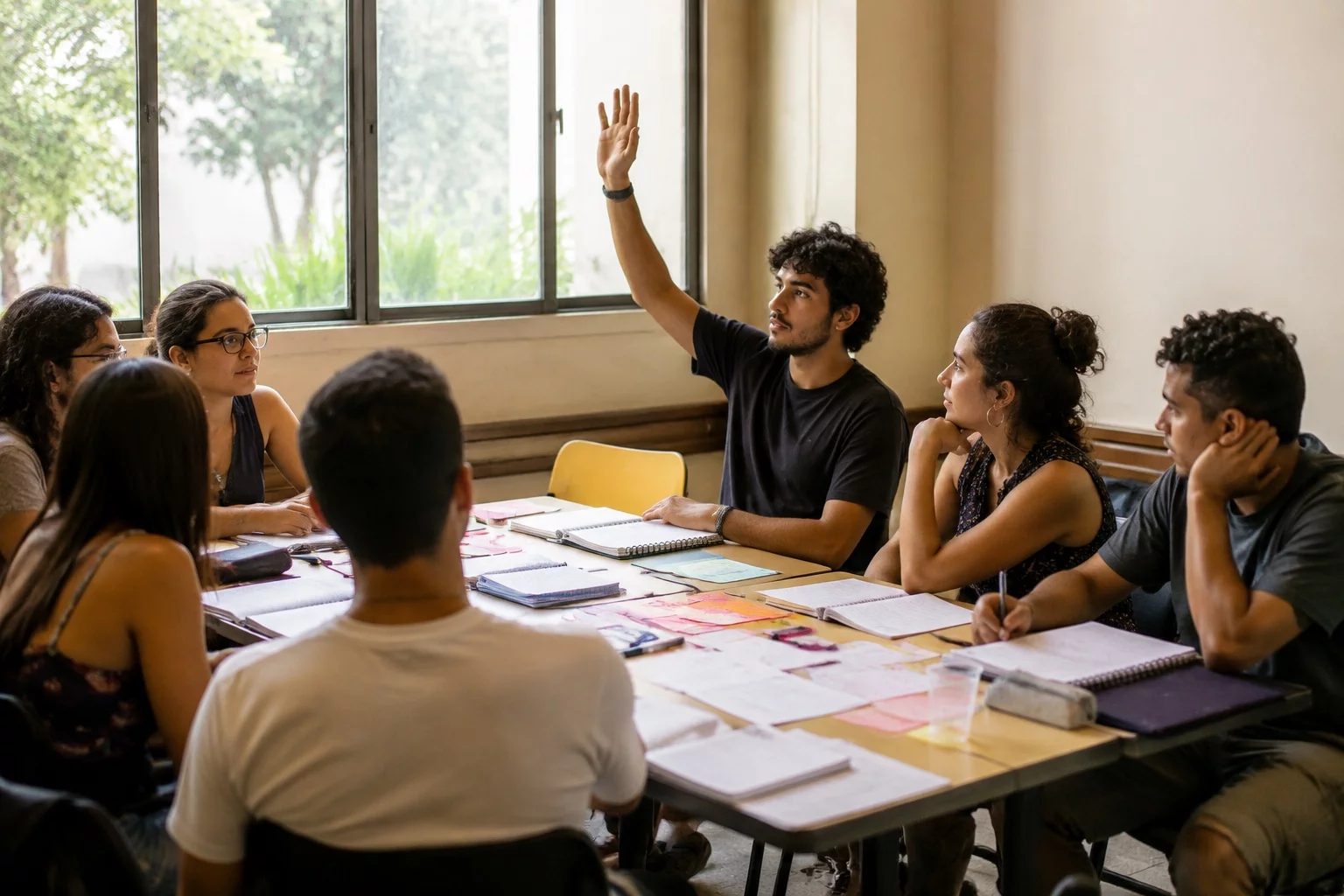 Estudante levantando a mão em uma mesa de seminário coberta de anotações
