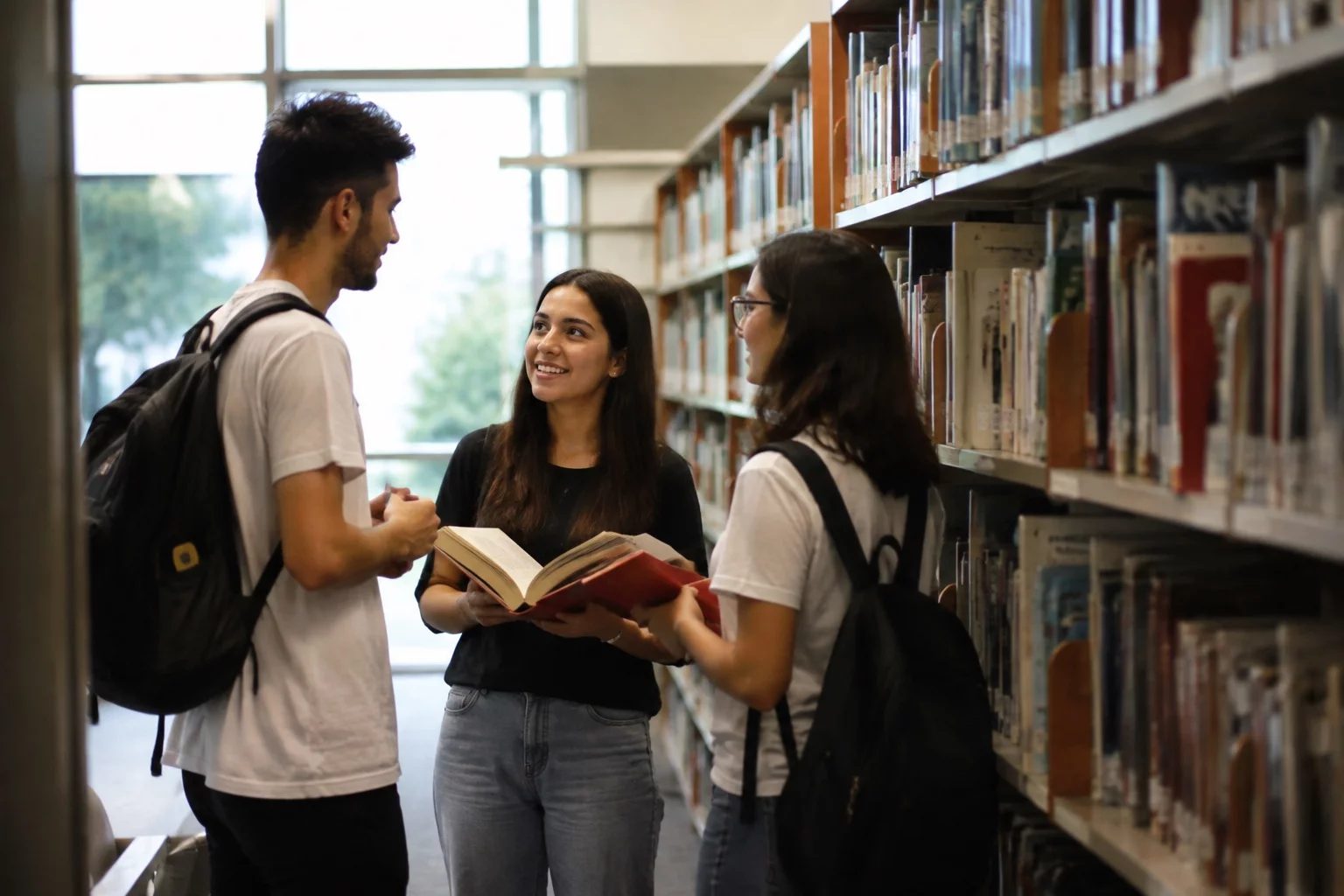 Estudantes conversando em pé entre as estantes de uma biblioteca