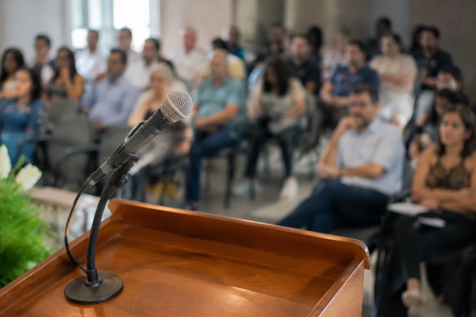 Microfone sobre uma tribuna, com a plateia sentada desfocada ao fundo