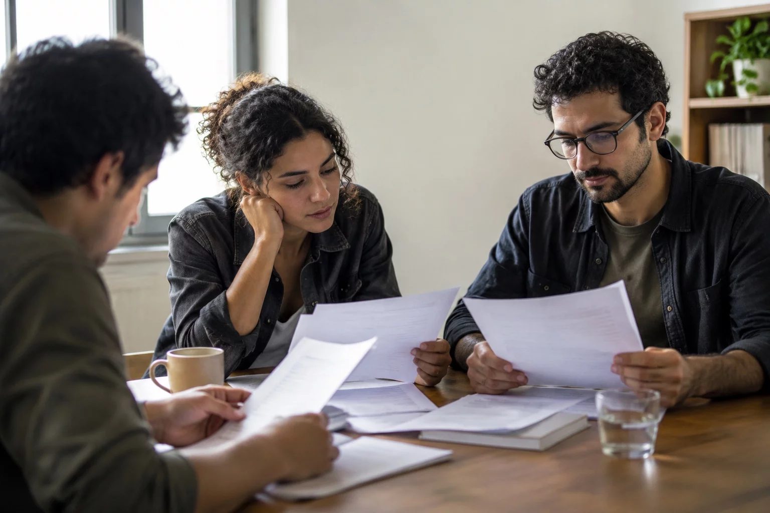 Grupo pequeno lendo páginas impressas de argumentos ao redor de uma mesa