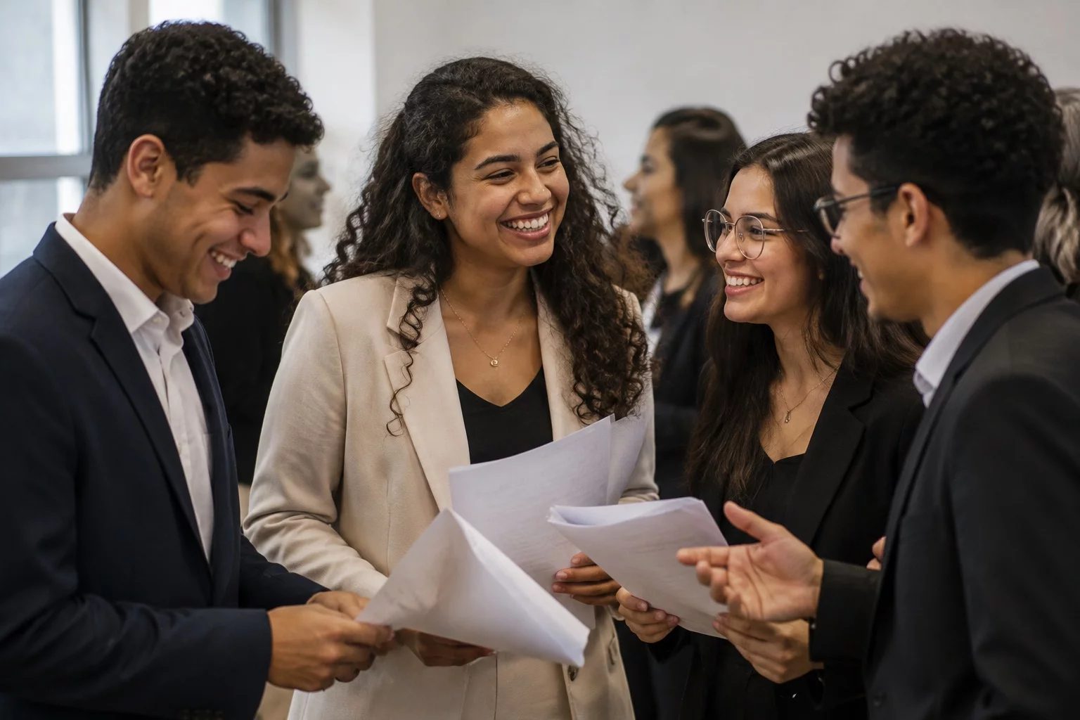 Grupo sorrindo após uma rodada de debate, com papéis nas mãos